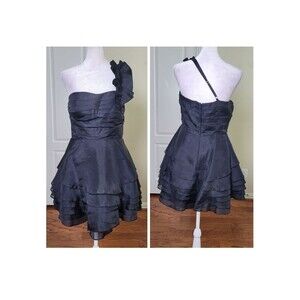 BEBE Womens Black Dress Party Season LBD 100% Silk Ruffle Mini Baby Doll Dress M